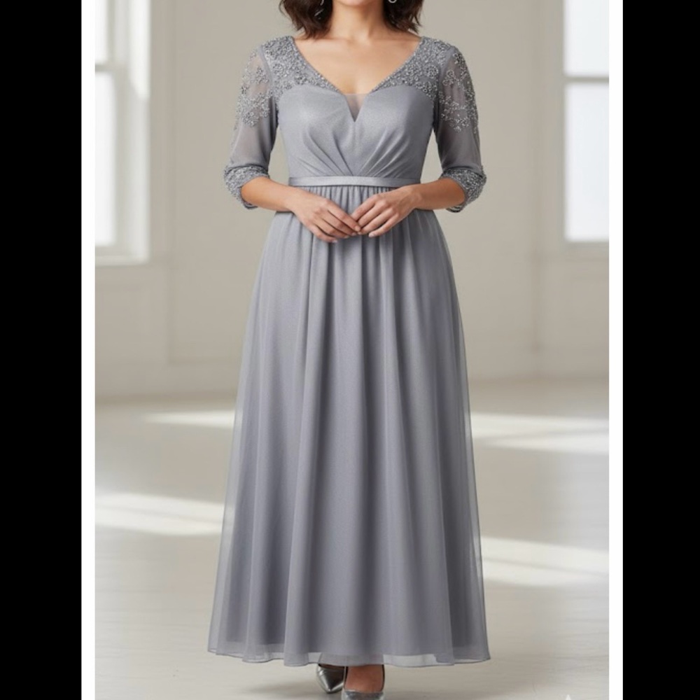 Alex Evenings Gray‎ Beaded Illusion Mesh Neck Sweetheart Maxi Dress Size 12